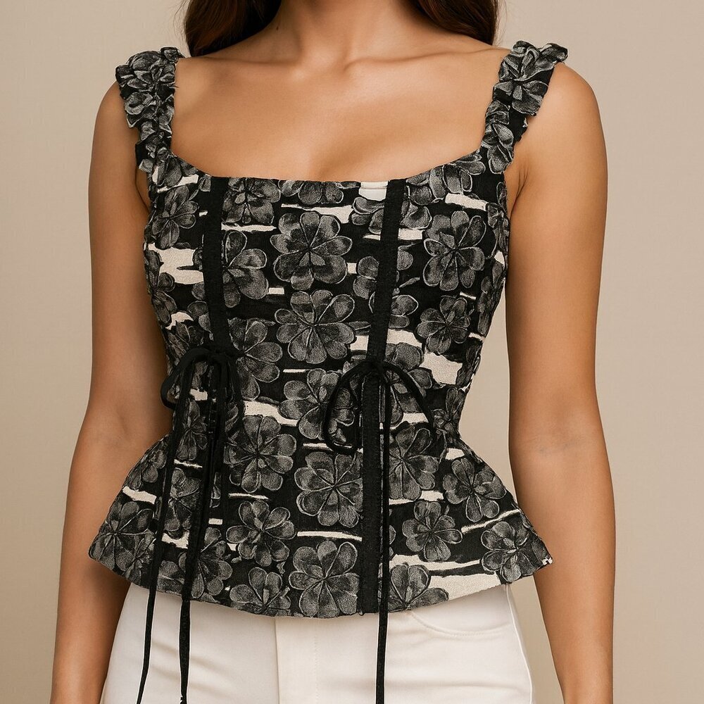 Floral Square-Neck Peplum Tank Top - Black